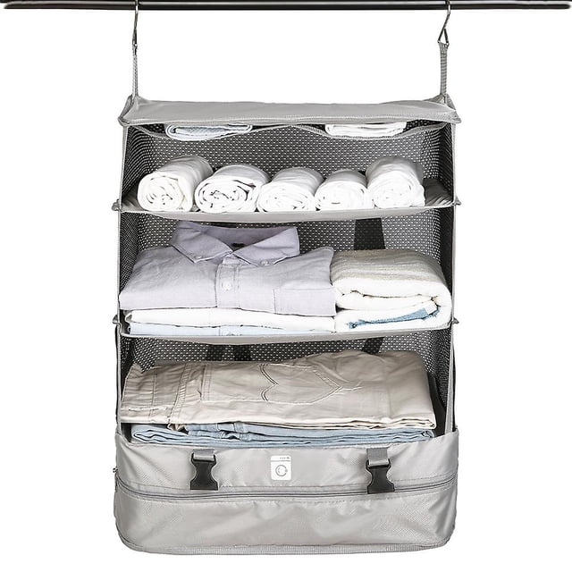 (L)Estantes colgantes portátiles de 3 niveles, organizador de equipaje de viaje, cubo de embalaje plegable, bolsa de almacenamiento de compresión para armario