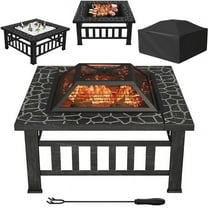 Lacoo 32" Patio Square Fire Pit Table for Patio Backyard BBQ, Ice Storage with Mesh Lid, Poker and Cover, Sliver