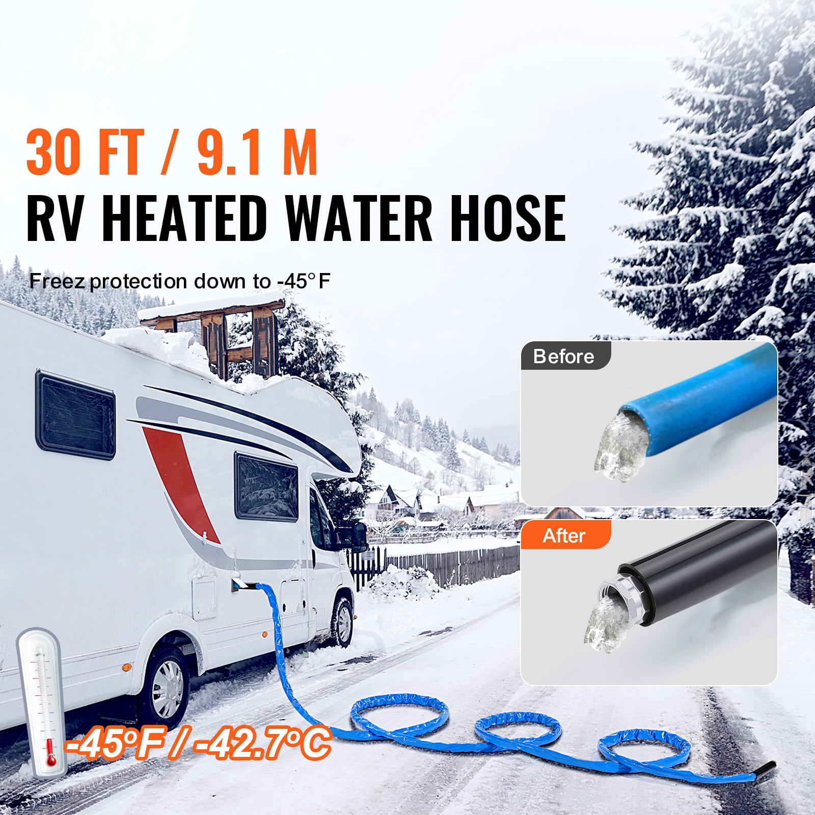 KFFKFF 30ft Warming Water Hose for RV, Temperature Controlled Drinking Water Hose with Rippled Cover Resistant to -45°F, Self-adjusting, 5/8" I.D. equipped with 3/4" GHT Adapter, Free of Lead and BPA