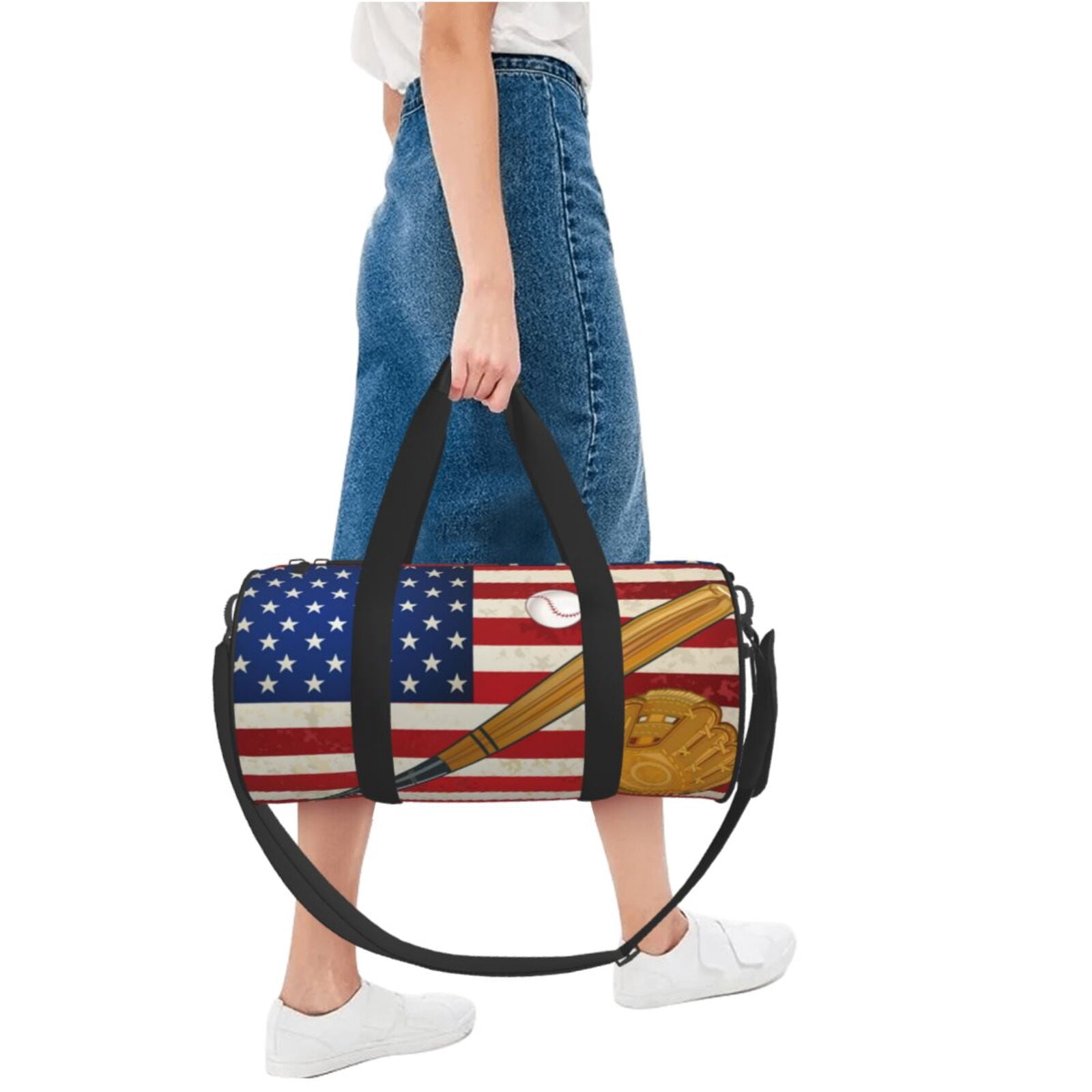Horeoi American Flag And Baseball Print Foldable Travel Duffle Bag with Removable Strap - Water-Resistant Gym Vacation Luggage Multi-Pocket Design