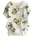 thumbnail image 4 of CHOK Hauts d'Été pour Femmes Tendance Lin Coton Confortable Manches Courtes Chemises Habillées Blouses Col Rond Hauts d'Été 2024 Imprimé Floral T-Shirts Décontractés Tunique Plus, 4 of 4