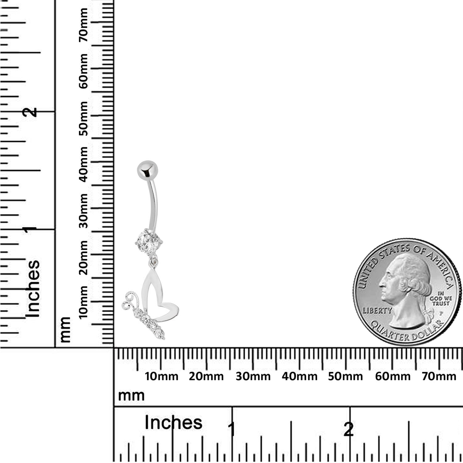 AVORA 10K White Gold Solitaire Simulated Diamond CZ Dangling Butterfly Belly Button Ring Body Jewelry (14 Gauge)