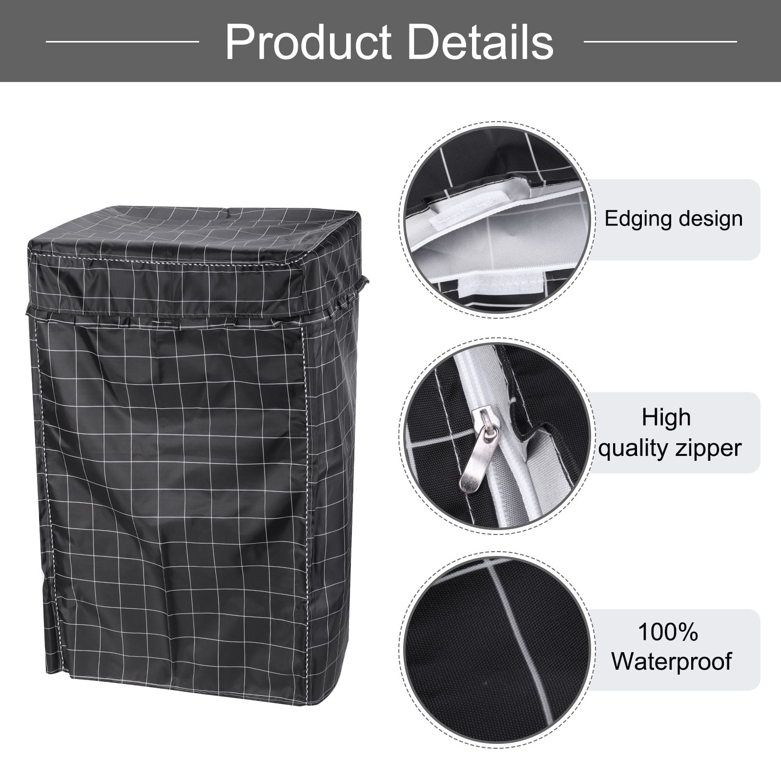 Top Load Washer Cover, Portable Washing Machine Cover, 24Wx25Dx39H Inch(XL Size) Black Grid Waterproof Cover