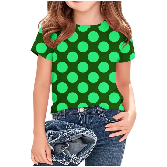 Zpanxa T-Shirts pour Tout-Petites Fille à Pois Col Rond Manches Courtes Haut Décontracté Polyester Spandex 5-6 Ans