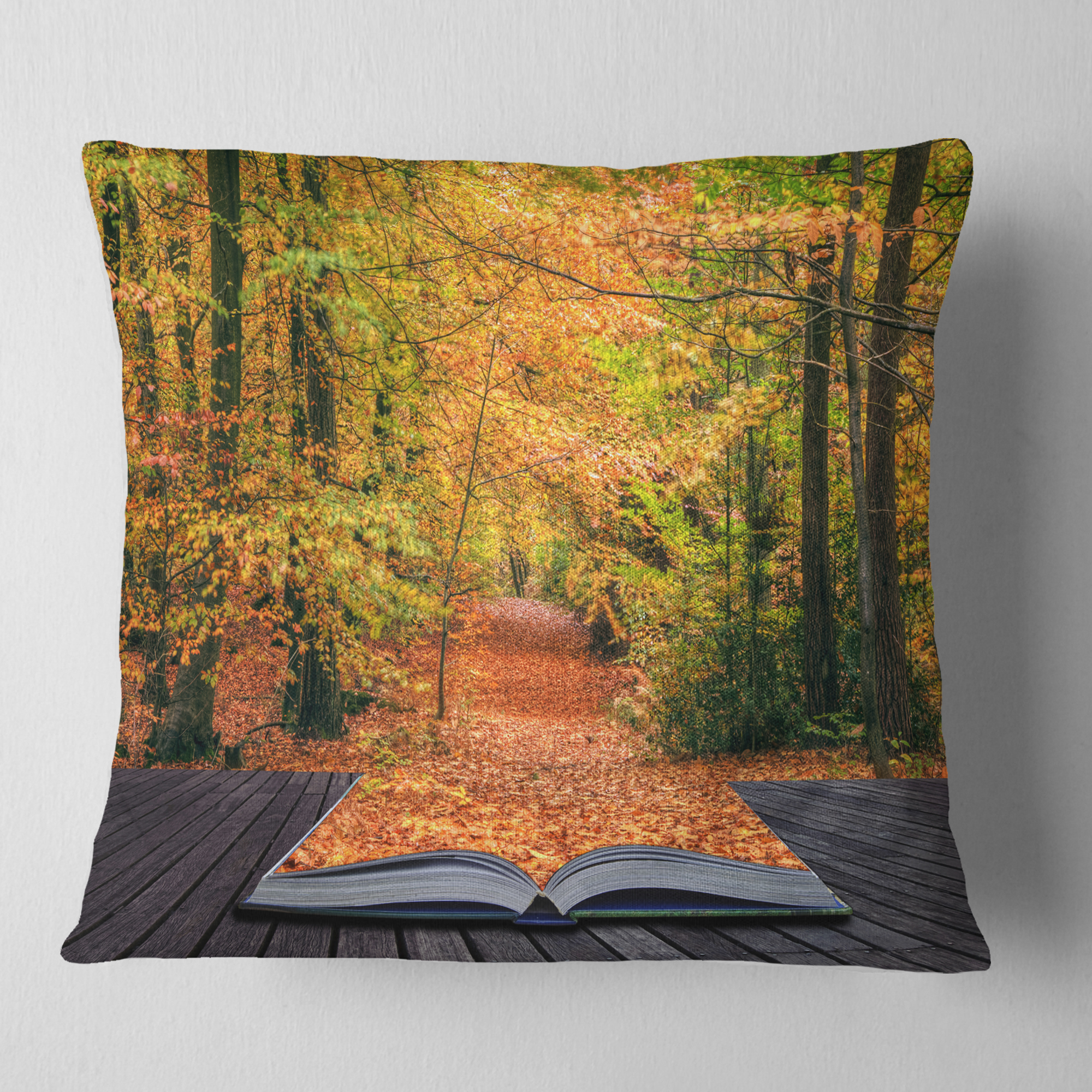 Designart Open Book in Autumn - Landscape Printed Throw Pillow - 18x18