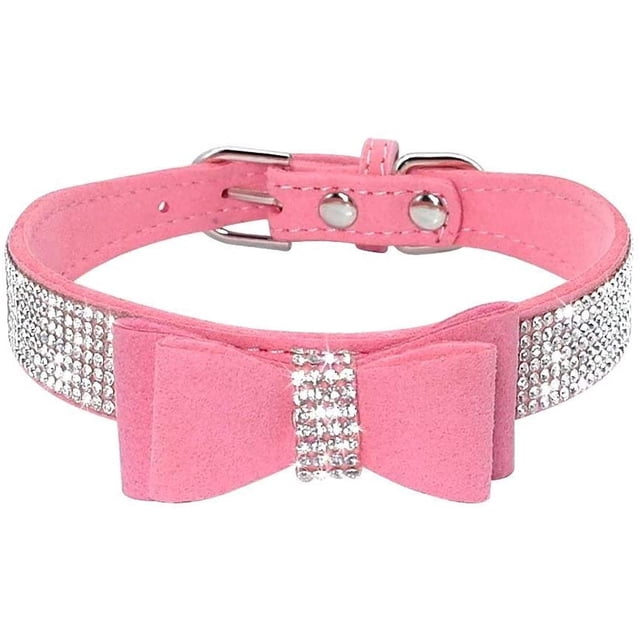 2 collares rosas para perro talla XS con pedrería, hechos de cuero sintético suave.