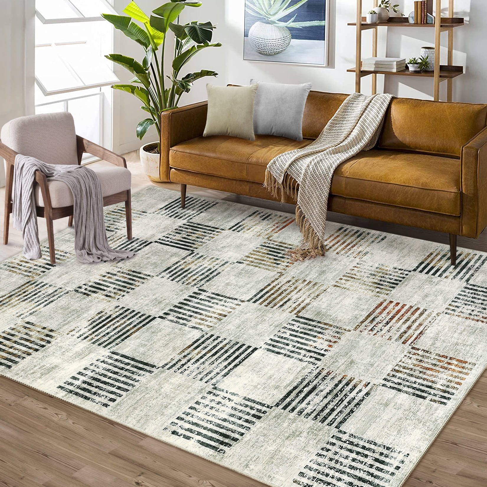 Garvee 9x12 Area Rug Modern Plaid Checkered Rug, Washable Rugs Soft Neutral Indoor Carpet Solid Rug Non Slip Low Pile Rug for Living Room Bedroom Dining Room Office, Beige