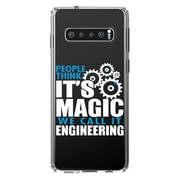 DistinctInk Clear Shockproof Hybrid Case for Samsung Galaxy S10 (6.1" Screen) - TPU Bumper Acrylic Back Tempered Glass Screen Protector - People Think It's Magic It's Engineering