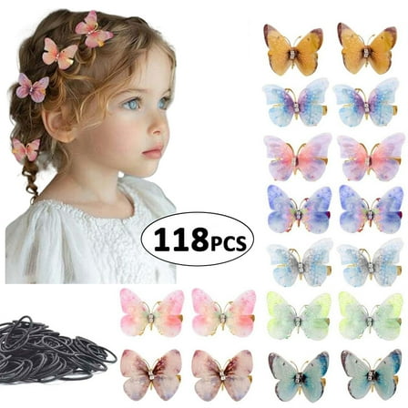118PCS Butterfly Hair Clips Ties Set for Girls - Cute Hair Accessories for Toddlers Kids Teens Women
