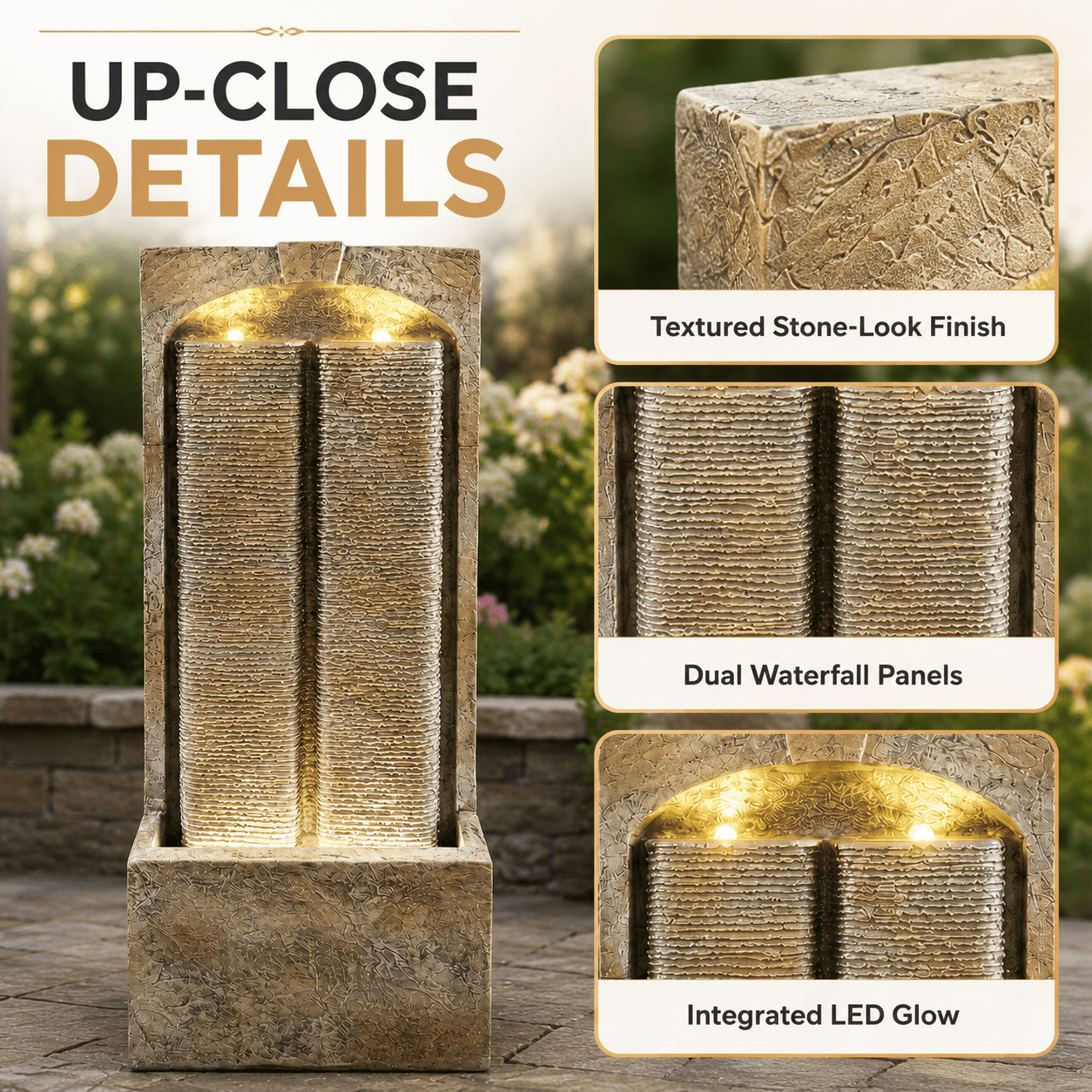 Aukfa 39" Outdoor Water Fountain with LED Lights, Slate Style Resin Water Wall Feature for Patio Garden Backyard,Brown