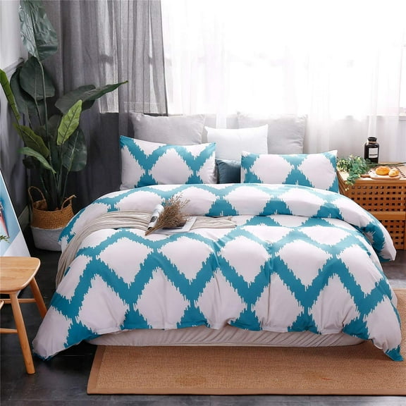 Modern Geometric Bedding Set - Blue & White Comforter Cover with Pillowcases, Queen Size & King Size, Minimalist Home Decor