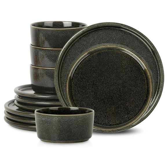 Stone Lain Ensemble de Vaisselle Moderne en Grès de 12 Pcs Assiettes, Bols, Gris Anthracite