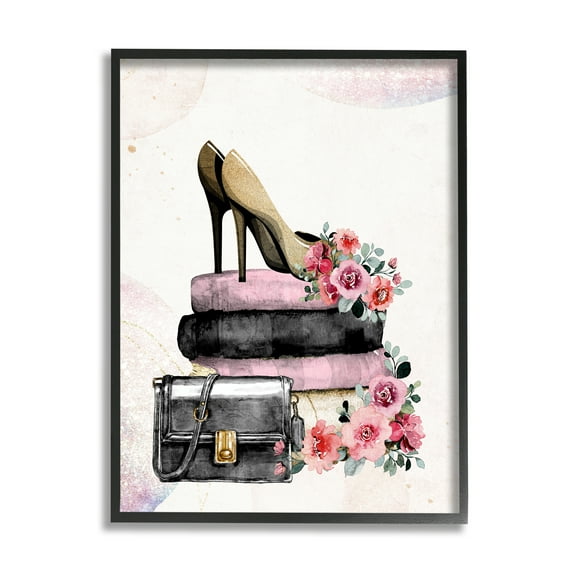 Stupell Industries Glam Floral Heels Botanical & Floral Painting Black Framed Art Print Wall Art, 11 x 14