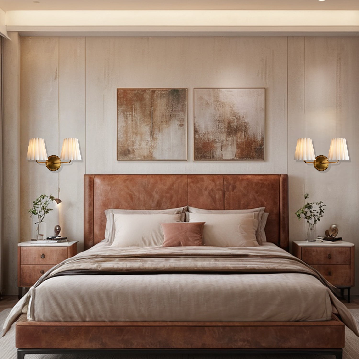 Mid-century Double Ivory Linen Shade with Antique Brass Metal Wall-Mounted Sconce, Unique Elegant Wall Light, Hand-polished Wall Lamp, Indoor Sconce for LIving Room, Dining Room, Bedroom, Entryway