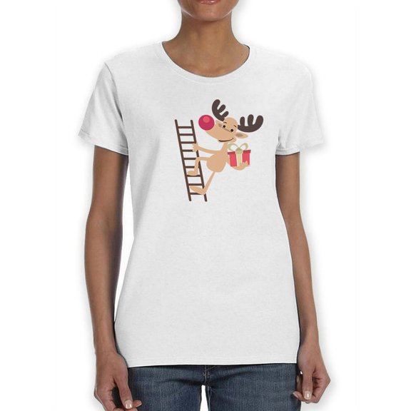 Rudolph Climbing Ladder With Christmas Gift Women White T-Shirt, Female Medium