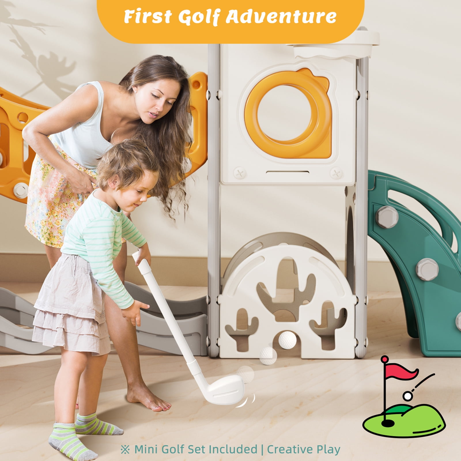 XJD 11 in 1 Toddler Slide and Swing Set, Kids Slide for Toddlers, Outdoor Indoor Playground for Toddlers 1-3, Toddler PlaySet with Basketball Hoop, Golf Set, Climbing Arch(Yellow Green)