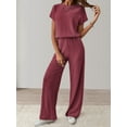 thumbnail image 2 of Women'S Casual Summer Travel Vacation Wear Two-Piece Suit Short Sleeve Wide Leg Pants Casual Suit Brick Red L, 2 of 5