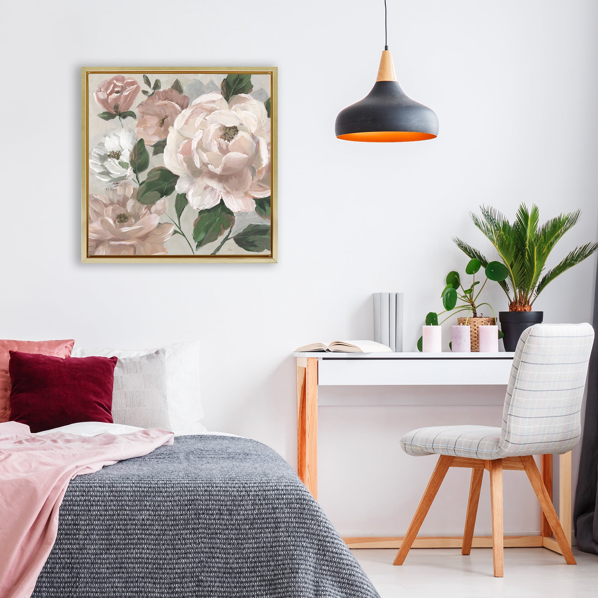 Stupell Industries Delicate Blush Peonies with Leaves Gold Framed Floater Canvas Wall Art, design by Nan