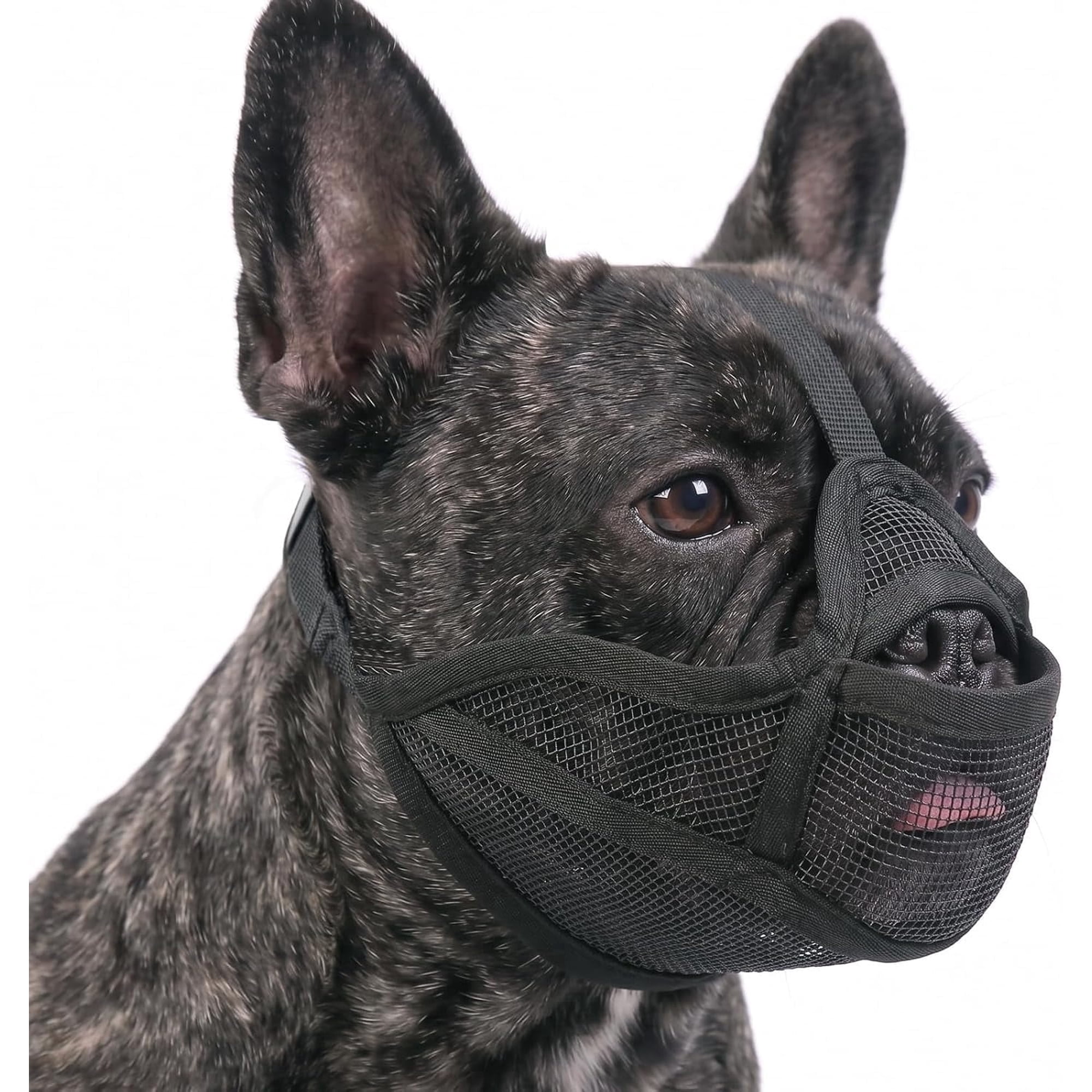 French Bulldog Muzzle, Soft Breathable Short Snout Dog Muzzle with Eye Hole Tongue-Out Pocket, Allow to Drink Feed, Stop Biting Chewing, Adjustable Frenchie Mouth Cover for Small Medium Dogs