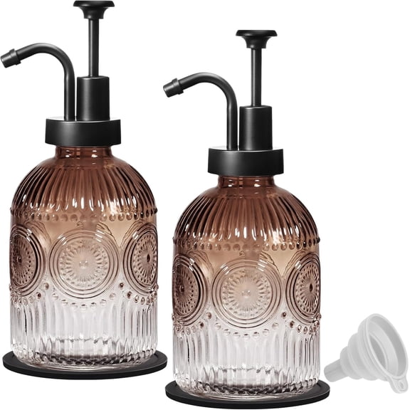 12Oz Vintage Glass Bathroom Soap Dispenser, Kitchen Dish Soap Dispenser with Pump, Refillable Liquid Hand Soap Bottle, Lotion, Antique Rustic Farmhouse Decor (Brown-Black Pump, 2 Pack)