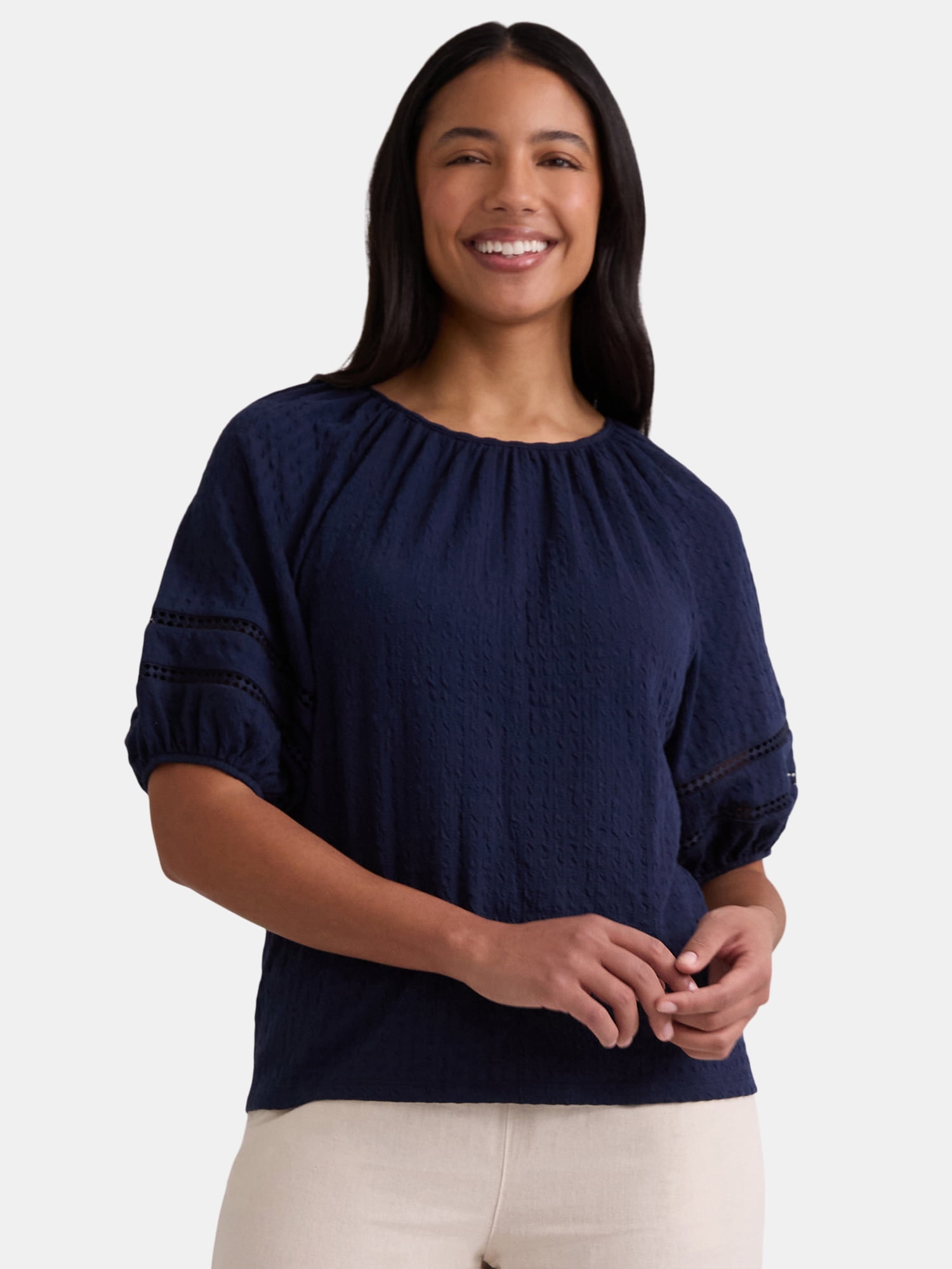 Women's Lace Trim Top with Puff Sleeves, Sizes XS-XXXL