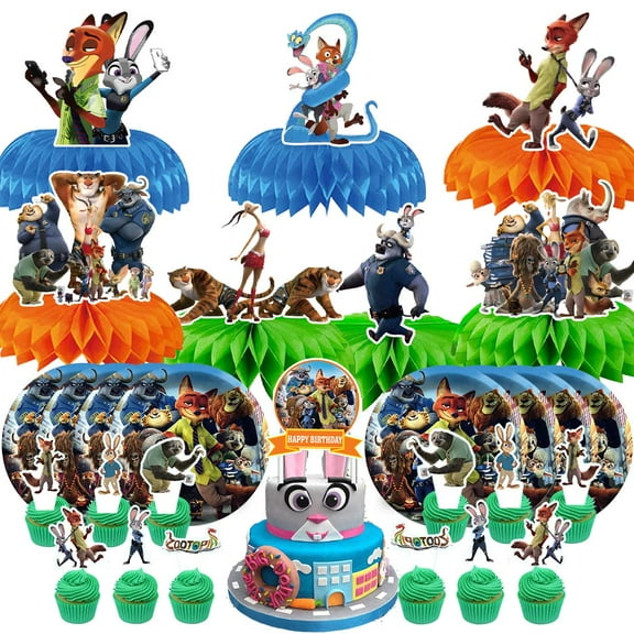 Zootopia Party Supplies Decor Plates Fans Decorations Honeycomb Centerpieces Cake Toppers