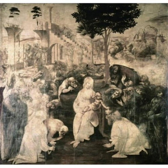 Adoration of the Magi 1481-2 Leonardo Da Vinci 1452-1519 Italian Oil on Wood Panel Galleria Degli Uffizi - 18 x 24 in.