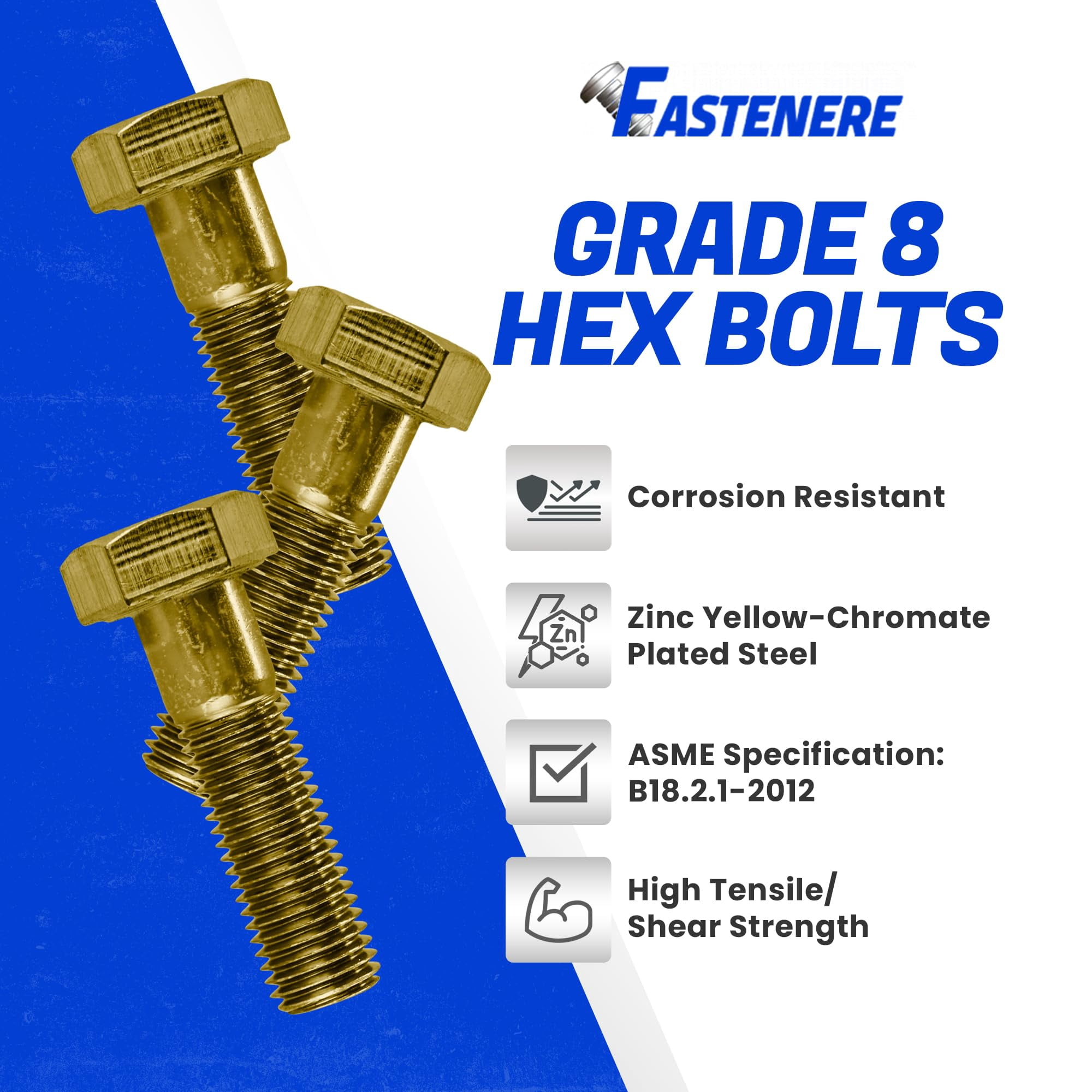 Fastenere 5/16"-24 x 1-1/2" Hex Bolts Grade 8 Zinc Yellow-Chromate Plated Steel, Partial Threaded Durable Hex Bolts for Machinery & Construction, Rust-Resistant, Heavy-Duty Fasteners, Pack of 25