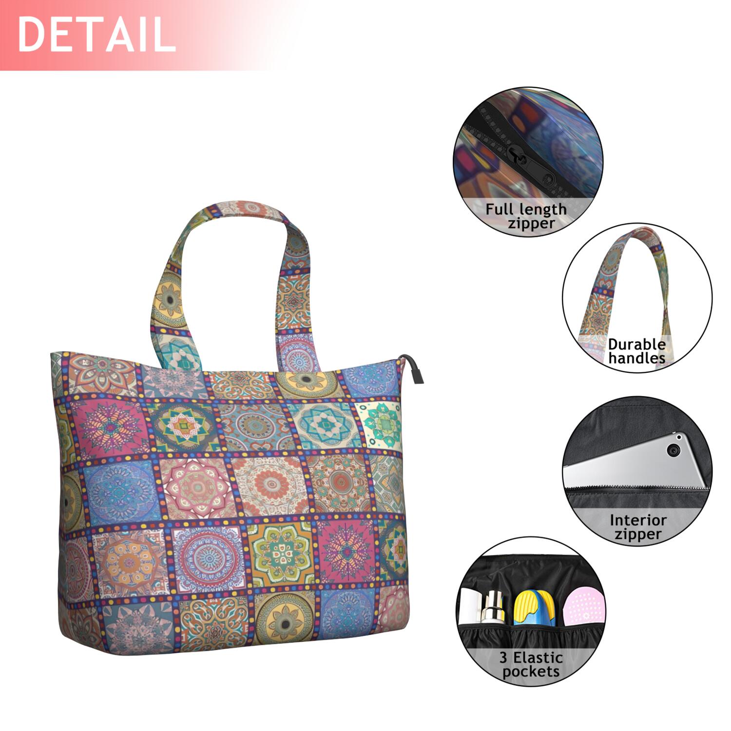 Pink Diverse Mandala Pattern Travel Tote Bags for Women Carry On,Large Weekender Bags for Women Travel,Multi Functional Duffle Bag for Work,Shopping,Sports