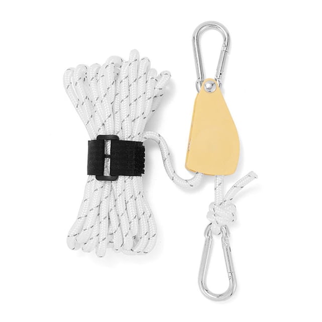 Tensor de polea de 4 mm y 4 m, hebilla fija de cuerda de viento de tienda de nailon reflectante (blanco)
