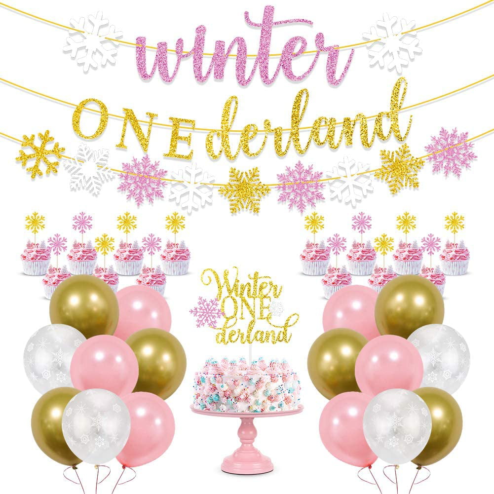Winter Onederland Birthday Banner Party Decorations Pink & Gold Snowflake Birthday Banner Decorations for Girls Winter Wonderland 1st Birthday Party Supplies