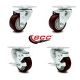 thumbnail image 2 of 3 Inch Maroon Polyurethane Wheel Swivel Top Plate Caster Set with 2 Brakes SCC, 2 of 2