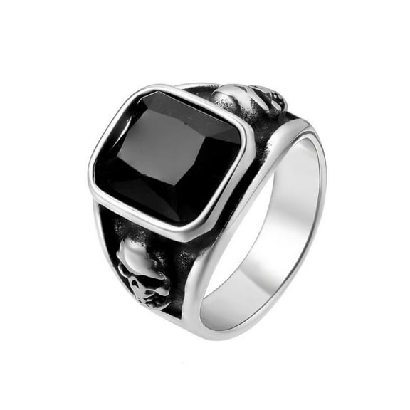 PAMTIER Unisex Stainless Steel Personality Vintage Hip Hop Punk Skull Head with Square Cut Large Black Gemstone Biker Ring Silver Size 7