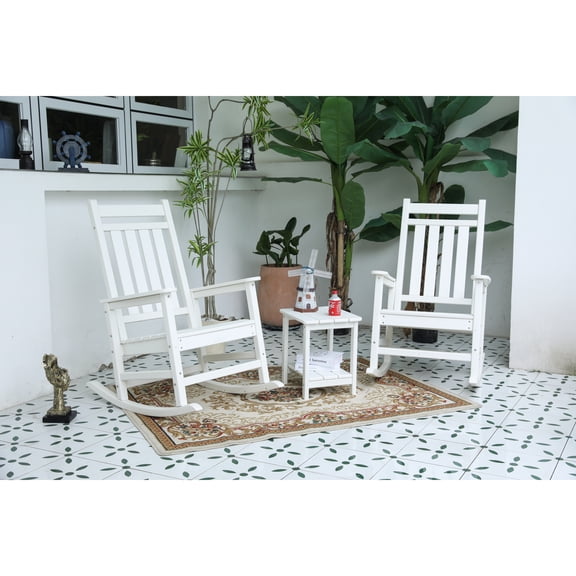 Miekor Furniture All Weather Rocking Chair Set with Side Table, 3-Piece Rocking Chair Set with Wood-Texture, White(includes 2 Rocking Chairs and 1 Table) 47776