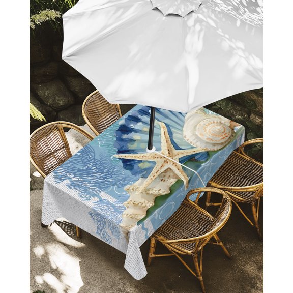 Outdoor Tablecloth with Umbrella Hole, Ocean Starfish Conch Shell Coral Zippered Table Cloth for Rectangle Tables, Marine Creature Linen Texture Washable Waterproof Tablecloths for Picnic Patio
