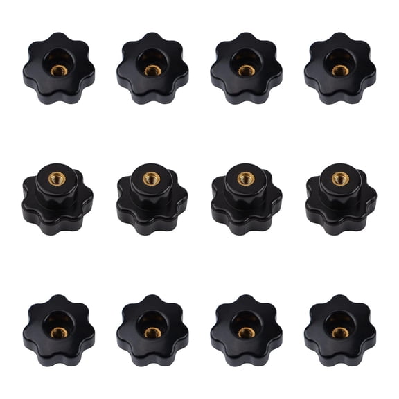 M4 Through Hole Knob 12pcs Black Plastic Through Hole Set Brass Female Threaded Nut, Star Shape Hand Knobs Black Plastic Screw-On Handle Clamping Knob for Mechanical Equipment