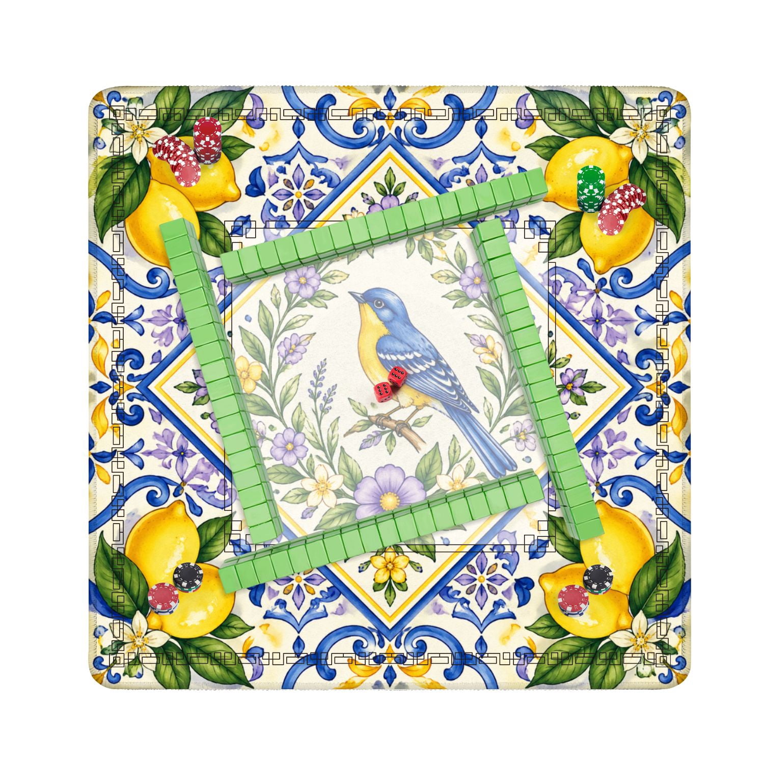 Mahjong Mat 31.5" x 31.5" Blue Yellow Bird Lemon Floral Non-Slip Noise Reduction American Mahjong Tiles Table Cover for Dominoes Poker Card Board Games Gift