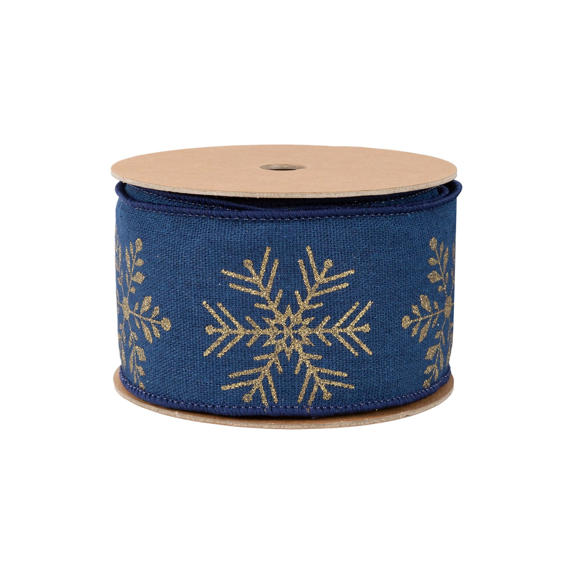 LaRibbons 2 1/2" Faux Linen Wired Ribbon, Blue w/ Gold Stamping Snowflakes, 10 Yard Roll