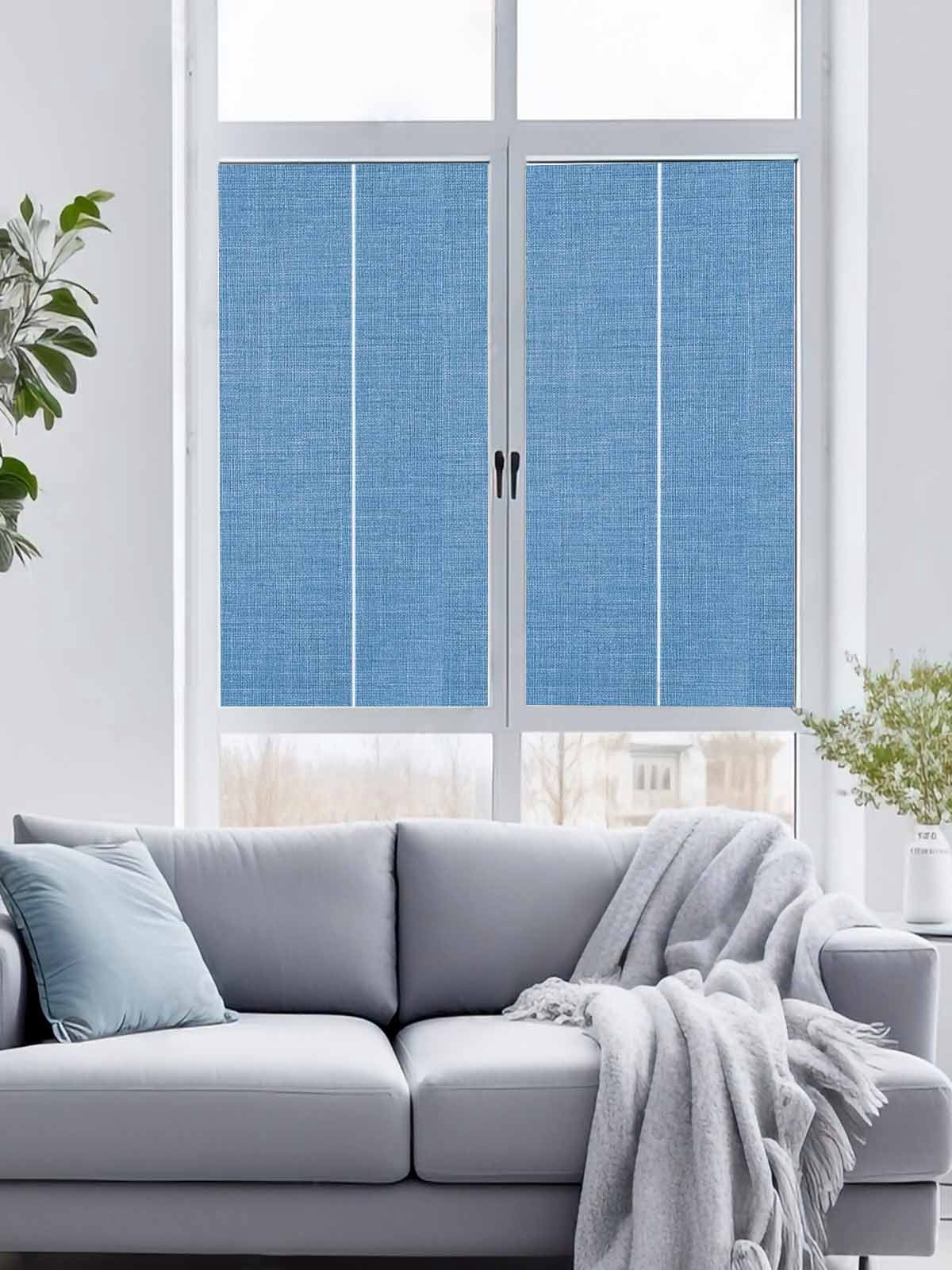 Reusable Static Cling Window Tints, Blue Window Privacy Film Frosted, Farmhouse Burlap Solid Blue Color Modern Linen Texture Heat Control Windows Films for Offices, Balcony, 29.5 x 118 Inches