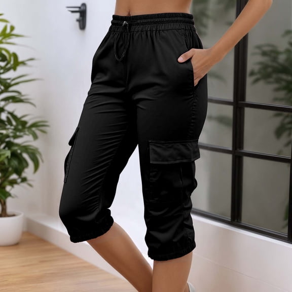 Hauaitttt 2025 Women's Elastic Waistband Pocket Solid Color Quarter Workwear Pants High Waist Dress Pants for Women Business Casual Casual Dress Pants for Women under 20 Pants for Women High Waist