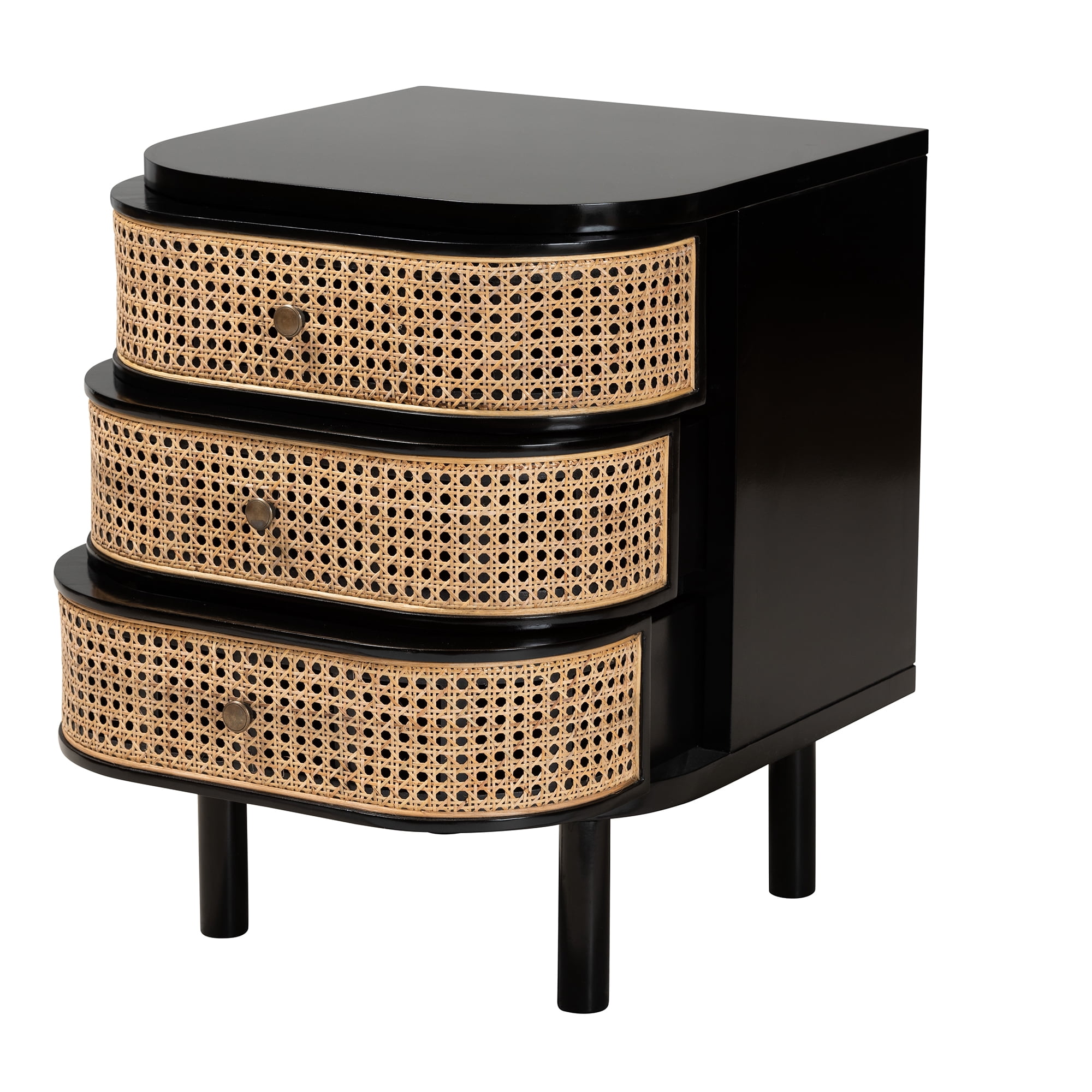 bali & pari Nabila Rattan and Bayur Wood BOHO Nightstand, 3-Drawer, Black