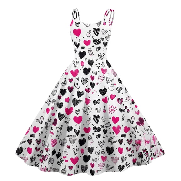 LWavelet 2026 Valentine's Party Fit & Flare Dress, Women's Spaghetti Strap Heart Print Y2K Vibe Sundress Hot Pink S