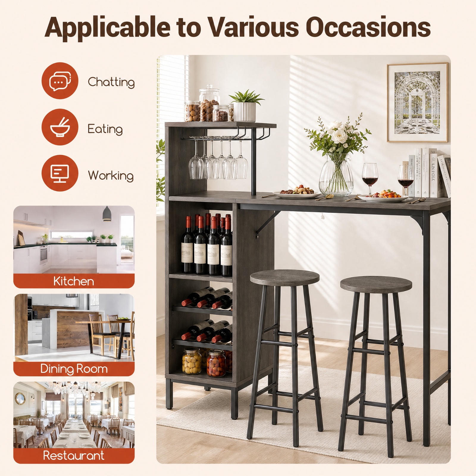 Furnibear 3 Piece Bar Table and Chairs Set with 6-Bottle Wine Rack for Kitchen Dining Room Breakfast Nook Home, Oak