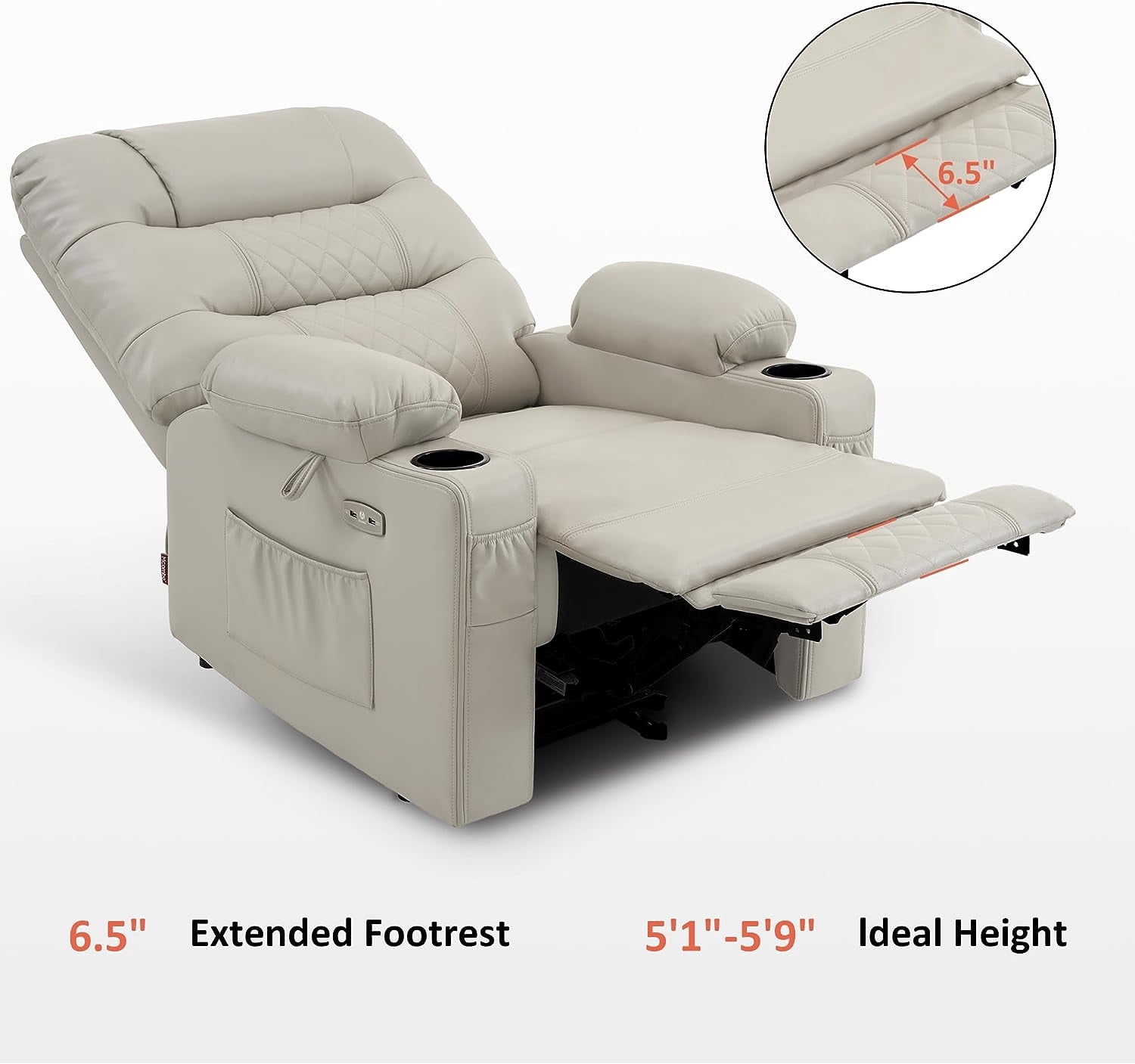MCombo Power Recliner Faux Leather Living Room Electric Reclining Chair, No Lift, 621 (Light Grey)