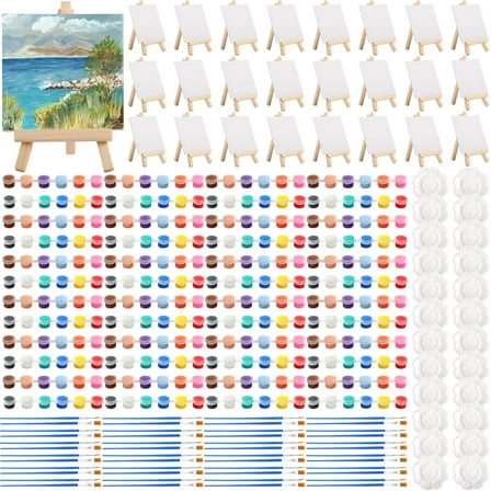 Bgtecho 24 Pack Mini Canvas Boards and Easel Paint Set,24 Canvas and Easel,12 Colors Acrylic Paint Strips,48 Brushes,24 Palettes,Washable Acrylic Paint Set for Painting Crafts Party Favors(5.9"x5.9")