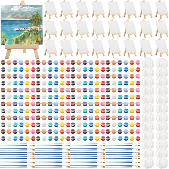 Bgtecho 24 Pack Mini Canvas Boards and Easel Paint Set,24 Canvas and Easel,12 Colors Acrylic Paint Strips,48 Brushes,24 Palettes,Washable Acrylic Paint Set for Painting Crafts Party Favors(5.9"x5.9")