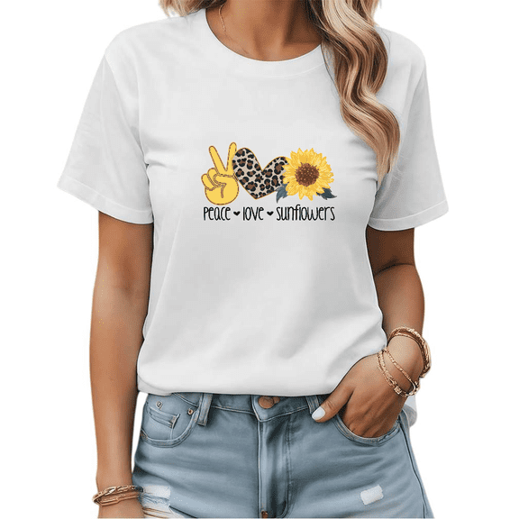 White Print Tshirt Graphic Tees Shirts Peace Love Sunflowers Leopard Heart All Season Casual Comfort Tops S-5XL Tops