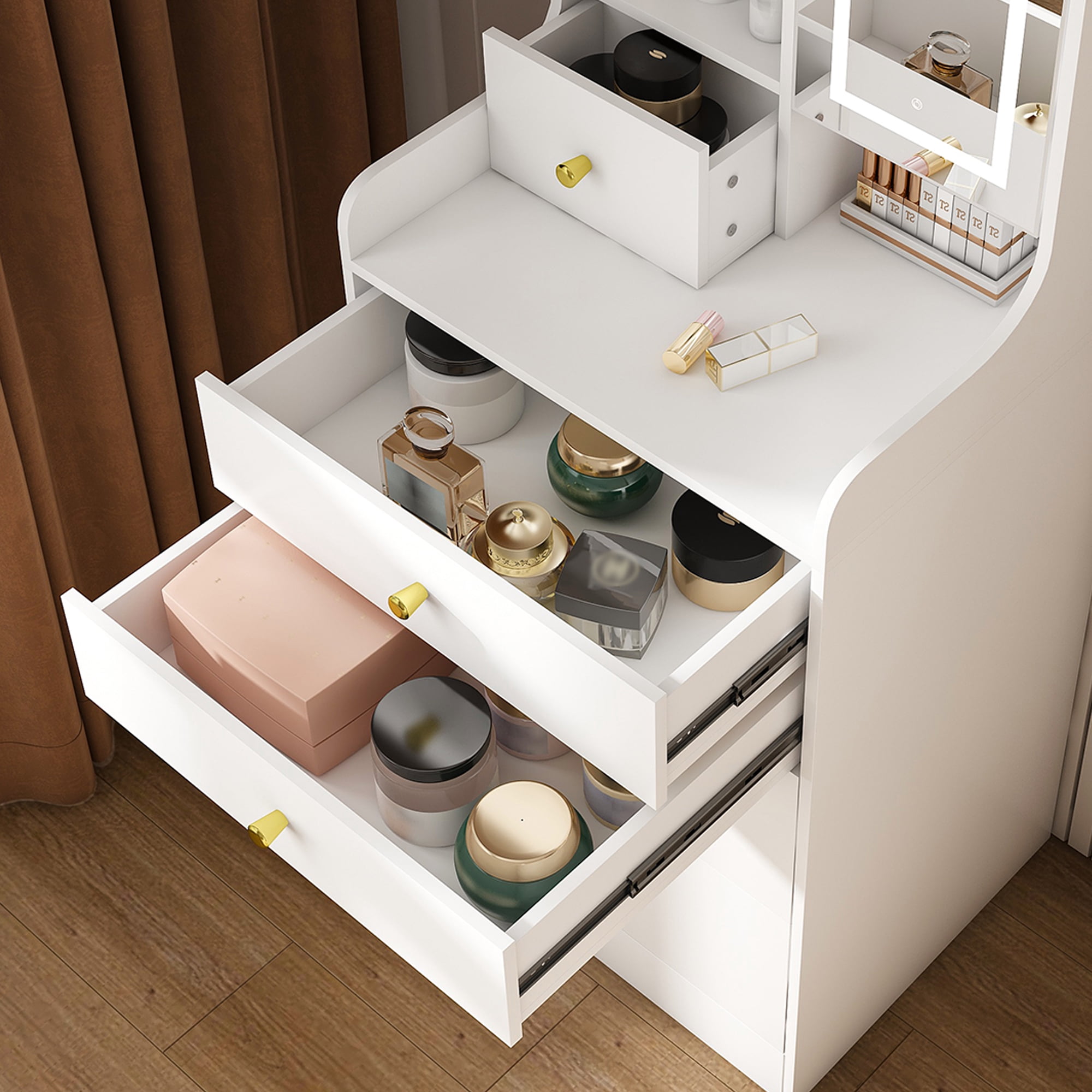 3-in-1 Dressing Table with LED Mirror & Storage Stool, White MDF Makeup Vanity with 4 Drawers and Bookshelf, 19.69 in L x 15.75 in W x 50.39 in H