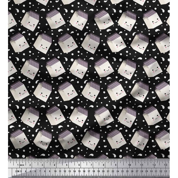 Soimoi Black Cotton Voile Fabric Dot & Food Packing Box Kitchen Printed Fabric 1 Yard 42 Inch Wide