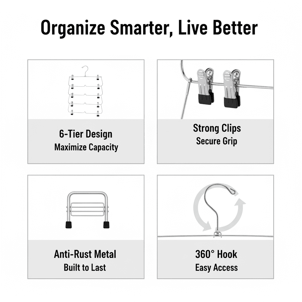 USTECH 3 Pack – 6-Tier Skirt Hangers with Clips, Space-Saving Closet Organizer for Pants, Shorts, Skirts, and Leggings, Durable Metal Hangers with 360° Rotating Hook